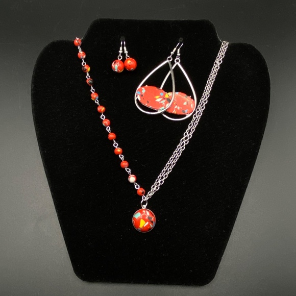 Bright Red Abstract Papparazi Necklace & 2 Pairs Earrings Set - Picture 2 of 12